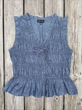 MODERN WORKS Blue Chambray Smocked V-Neck Sleeveless Peplum Ruffle Top Size M